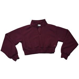 TNA Sweatfleece Cozy Fleece Perfect Fit Cropped Quarter Zip Pullover Burgundy S